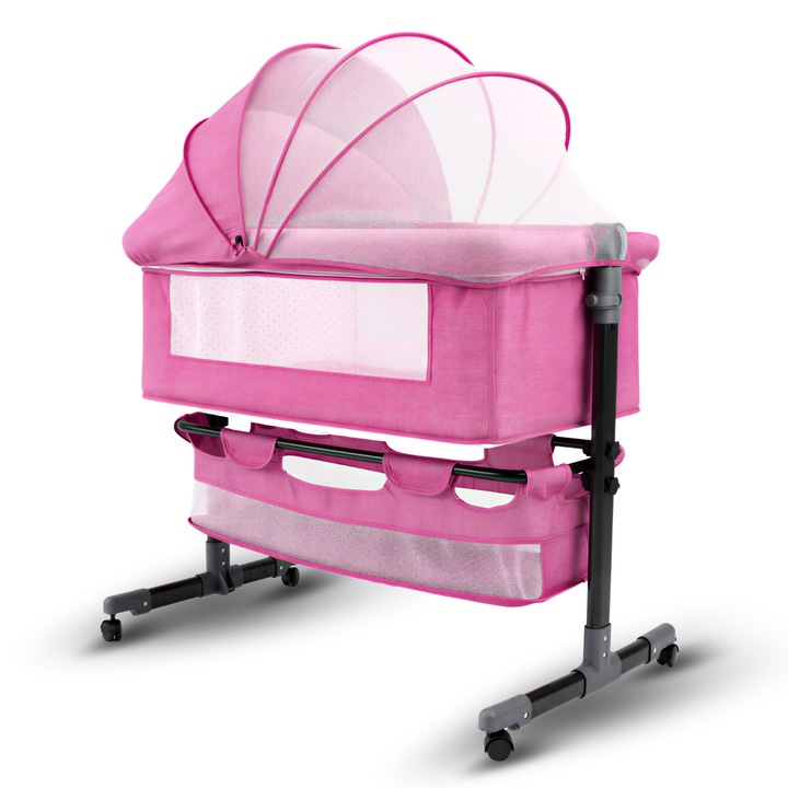 Pat nou-nascut Invincio Dream, Patut bebelus pliabil si portabil, Functie Co-Sleeper si Leganare, Saltea si plasa anti-tantari incluse, Inaltime Reglabila 2 Pozitii si inclinare anti-reflux, Cos Depozitare, Roti cu Blocare, 95×60×80cm, Pana la 15kg, Roz