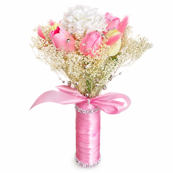 Buchet de mireasa premium, cu lalele, dalie artizanala, broom conservat si perle, 34 cm VELVE
