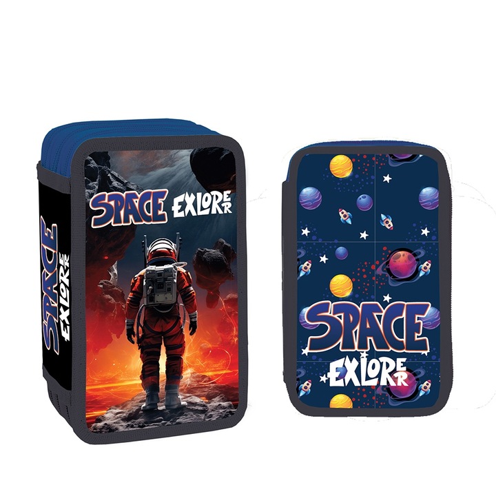 Penar scolar neechipat pentru baieti, Space Explore, 3 compartimente cu fermoar, tematica spatiu cosmic, albastru inchis