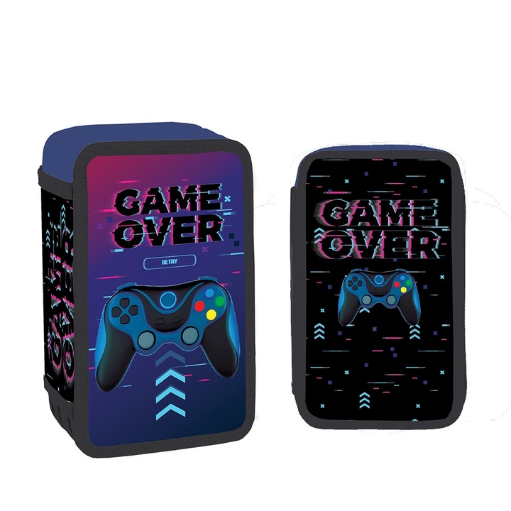 Penar scolar echipat pentru baieti, Gaming Game Over, 3 compartimente cu fermoar, multicolor, albastru negru