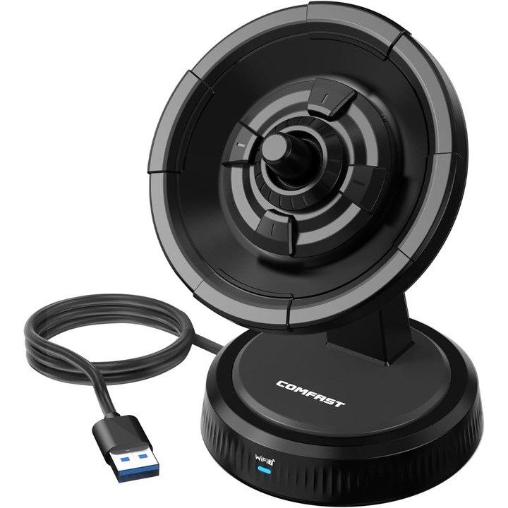 Adaptor USB WiFi 7 COMFAST BE6500, AX BE6500 Tri-Band 6500Mbps, USB 3.0, 6dBi külső antenna, 6GHz + 5GHz + 2.4GHz, MU-MIMO, OFDMA, WPA3, asztali és hordozható számítógépekhez Windows 10/11 rendszerrel