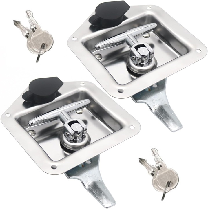 Set de 2 scule de blocare pliabile in forma de T din otel inoxidabil cu 2 chei pentru camion, remorca, autorulota