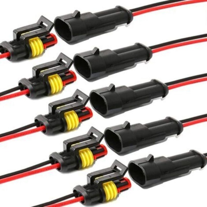 Conector electric auto 2 poli, etans, cablu 16 AWG 10 cm, instalare prin lipire si sertizare, Negru/rosu, 5 bucati