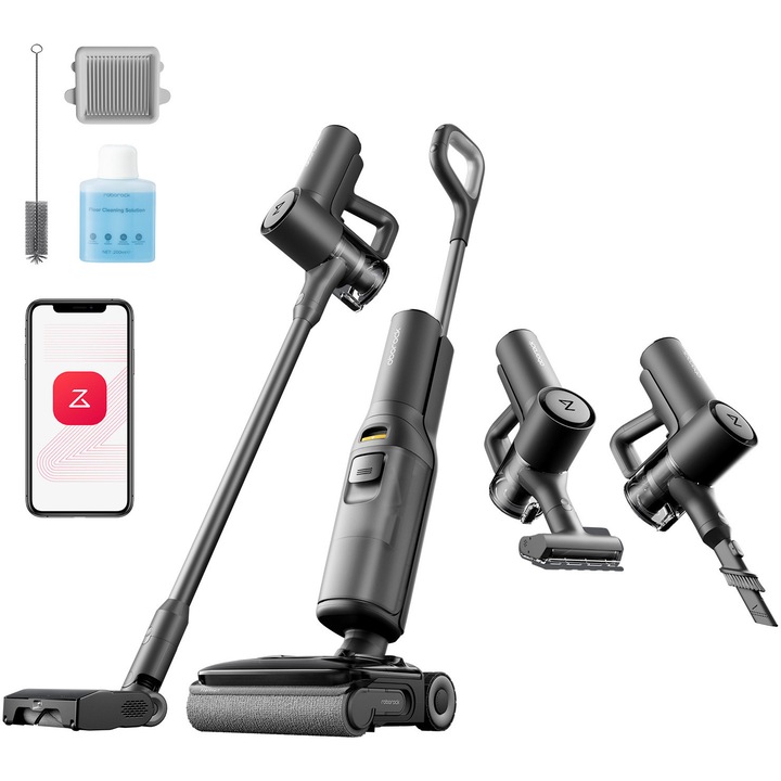 Вертикална прахосмукачка Roborock F25 ACE Combo 5 в 1 с моп и без кабел, 20.000 Pa, Автономност 60 мин, Автоматично измиване и сушене, 450 об/мин, SlideTech 2.0, Бял/Черен