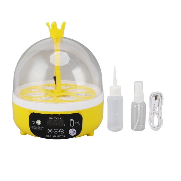 Incubator oua mini automat, control temperatura si umiditate, transparent, 4 oua