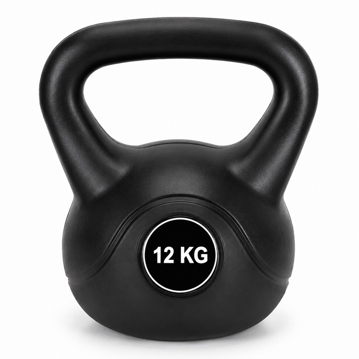 Kettlebell 12 kg, umplutura ciment, carcasa ABS, maner ergonomic, 25x19x27 cm, negru/alb