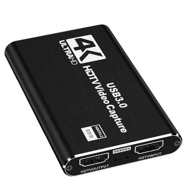 Placa de captura audio-video, rezolutie 4K, HDMI/4K la 60 Hz, USB 3.0, compatibila cu protocoalele UVC/UAC, plug-and-play, potrivita pentru transmisia video, transmisiuni live, Xbox, console de jocuri si PC, negru