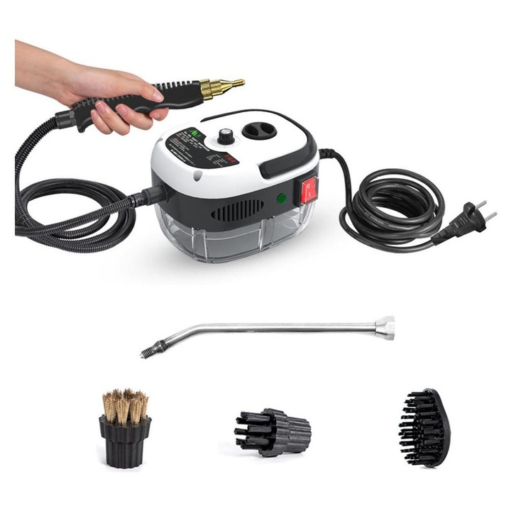 Aparat de curatat cu abur portabil 1500W, presiune ridicata, alb, cu perii, 1h autonomie
