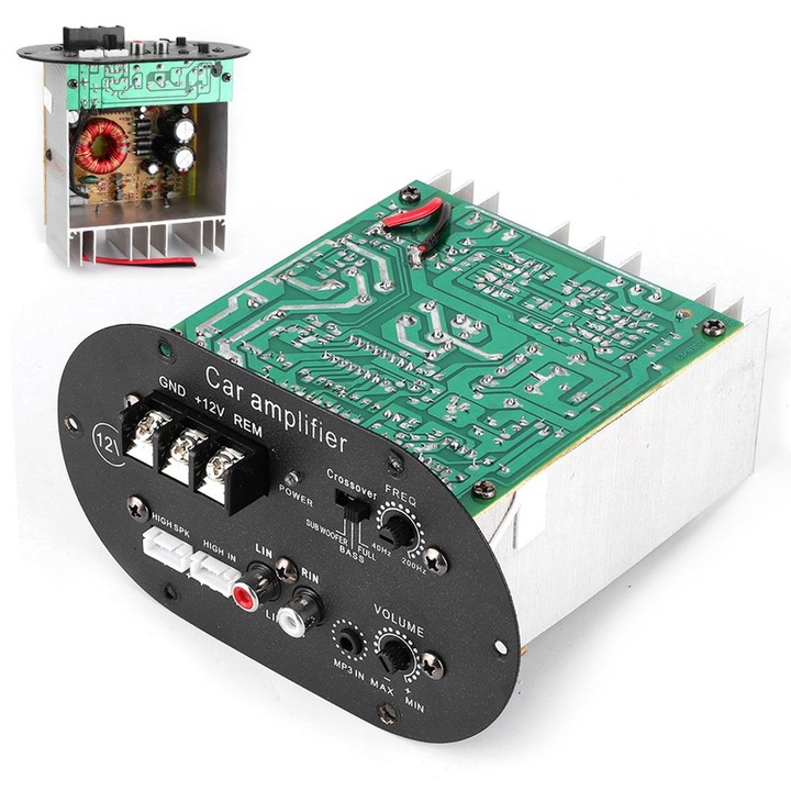 Amplificator auto 400W, tub C5198+A1941, bass reglabil, aluminiu, 30x30cm