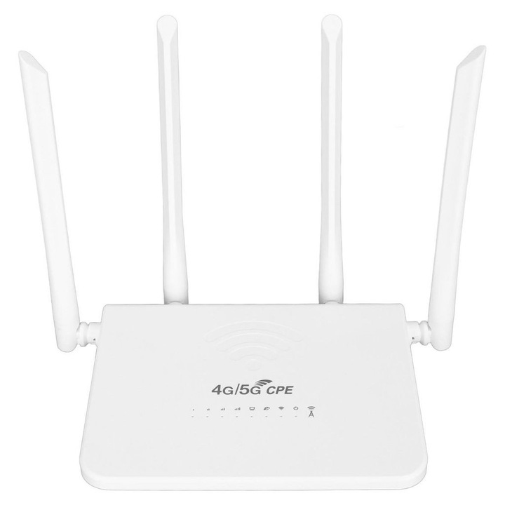 4G LTE vezeték nélküli router, 300Mbps, fehér, SIM kártya foglalattal, 4 db 5dBi antenna, 100-240V, UK csatlakozó