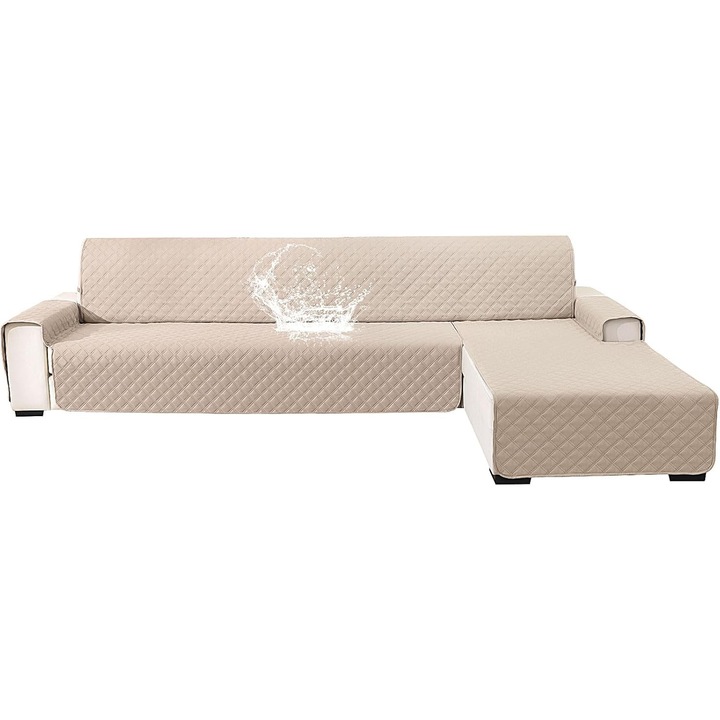 Husa Matlasata pentru Coltar in Forma de L cu 2 Locuri, 210 cm – Reversibila Stanga-Dreapta, Impermeabila, Protejeaza Sezutul & Spatarul, Usor de Curatat, Bej