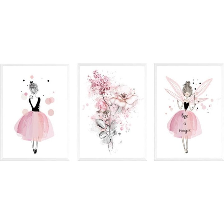 Set 3 postere decor camera copil 30x40cm roz multicolor
