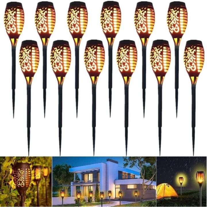 Set 12 lampi solare gradina efect flacara galben IP65 12xLED