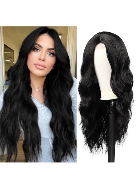 Peruca lunga neagra ondulata 24 inch, sintetica, rezistenta la caldura, reglabila, marime medie