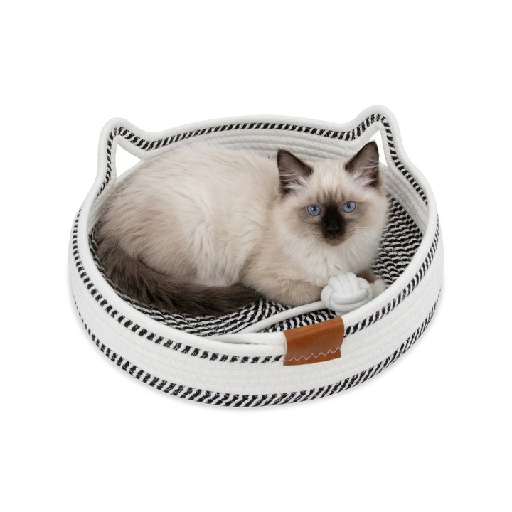 Cos pentru animale Carinio Playground Black&White, lucrat manual din bumbac, cu minge de joaca, marimea S, 35x35x11 cm