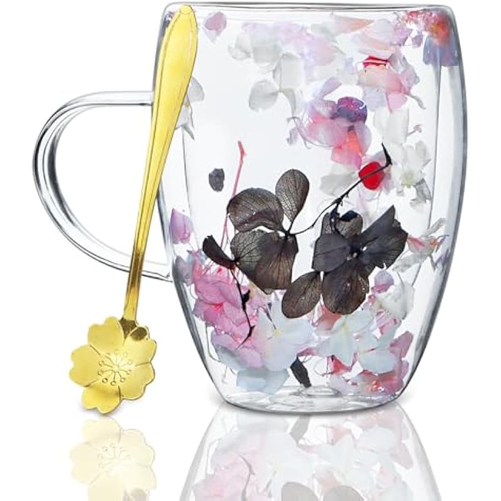 Cani cafea sticla borosilicata dublu perete flori uscate roz gri 300ml set cu lingura