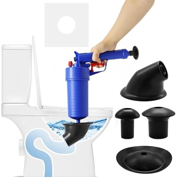 Pompa aer presiune inalta, ventuze 4, pentru deblocare chiuvete si toalete, multicolor