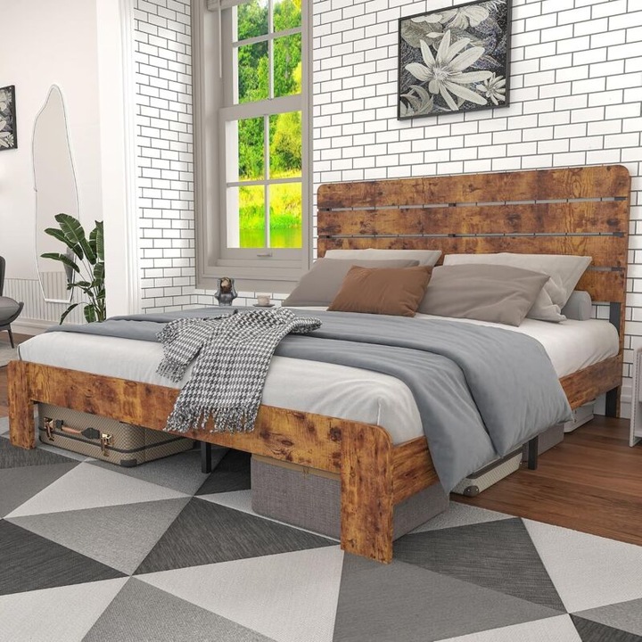 Kétszemélyes ágy 160x200 cm, fém váz és MDF, barna, 207x162x111 cm