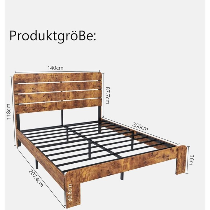 Kétszemélyes ágy 160x200 cm, fém váz és MDF, barna, 207x162x111 cm