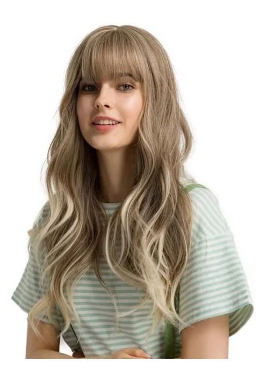 Peruca blonda, lunga, valuri naturale, cu breton, rezistenta la caldura, 60cm