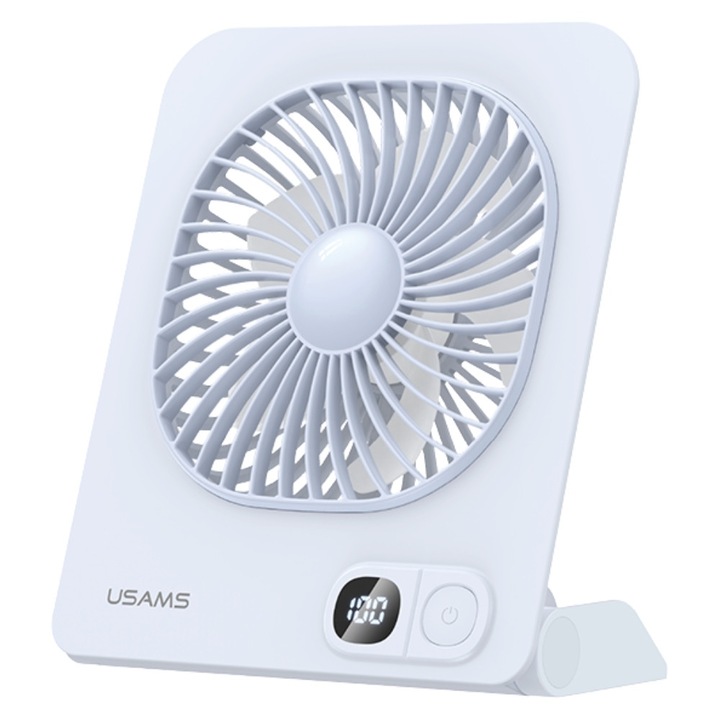 USAMS ZB363 asztali ventilátor, 3 sebességfokozat, 6 óra üzemidő, 2000mAh, Mágneses talp, LED kijelző, USB-C, Kék