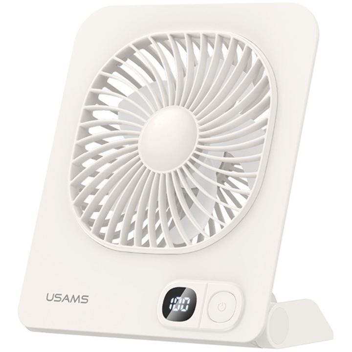 USAMS ZB363 asztali ventilátor, 3 sebességfokozat, 6 óra üzemidő, 2000mAh, Mágneses talp, LED kijelző, USB-C, Fehér