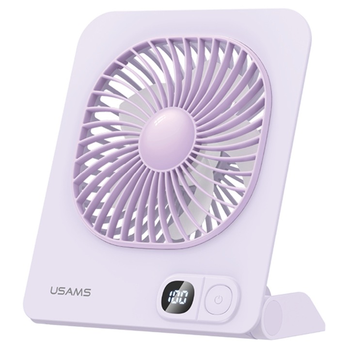 USAMS ZB363 asztali ventilátor, 3 sebességfokozat, 6 óra üzemidő, 2000mAh, Mágneses talp, LED kijelző, USB-C, Lila