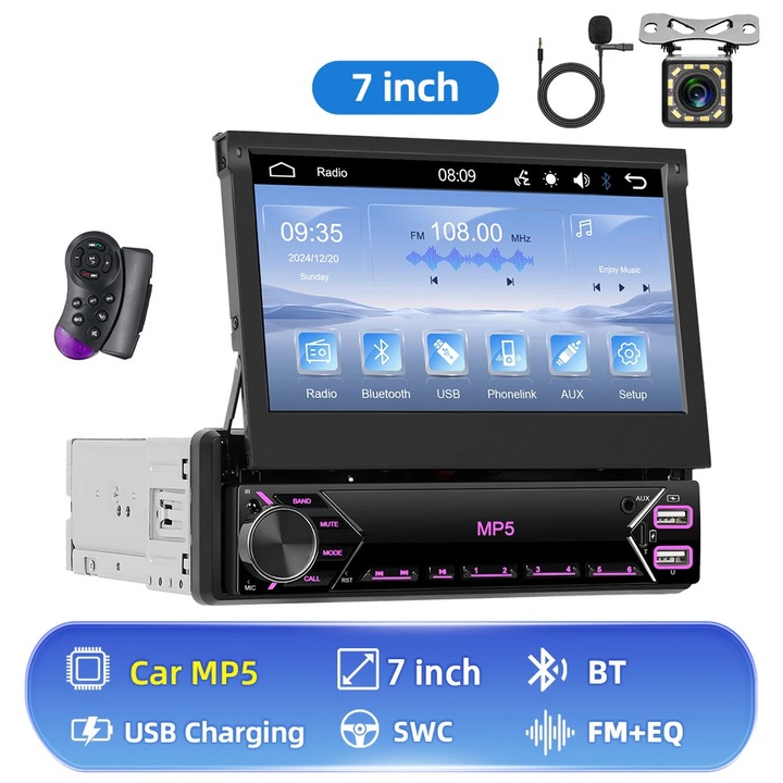 Radio auto MP5, 1-DIN, Ecran tactil 17, 8 cm, Putere 4x45 W, Radio FM, USB pana la 128 GB, Camera marsarier 12 LED, Alb