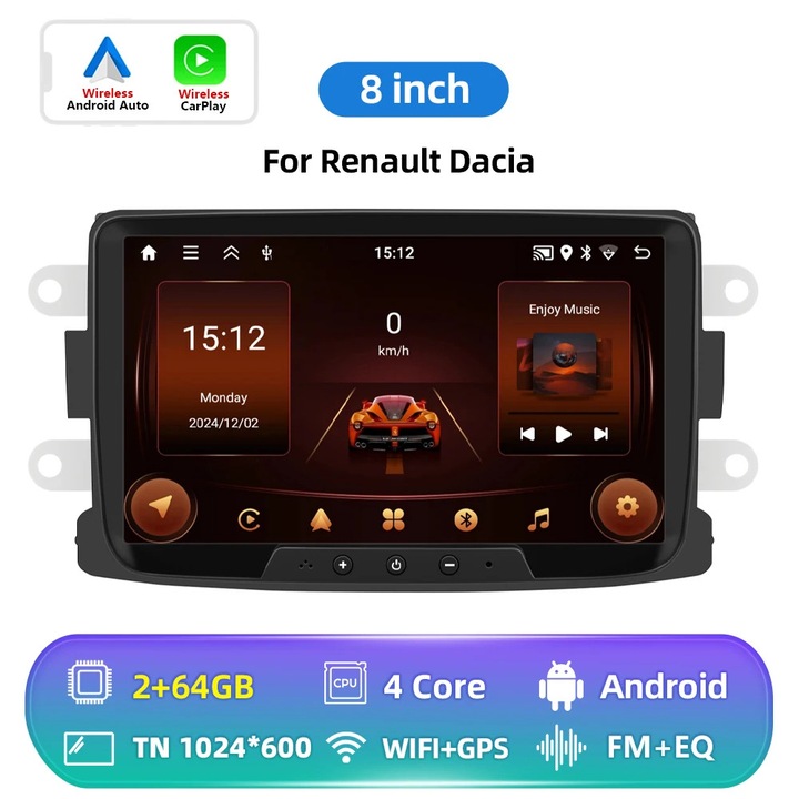 Radio auto pentru Dacia/Renault Duster/Sandero/Logan/Dokker, 2-DIN Android, ecran tactil 20, 3 cm, 2 GB RAM 64 GB ROM, 1920×1200, FM, 4×45 W, Alb