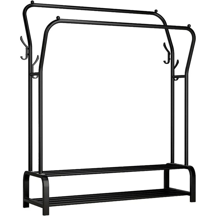 Suport haine, cuier stativ, doua bare, cadru metalic, design modern, necesita asamblare, negru