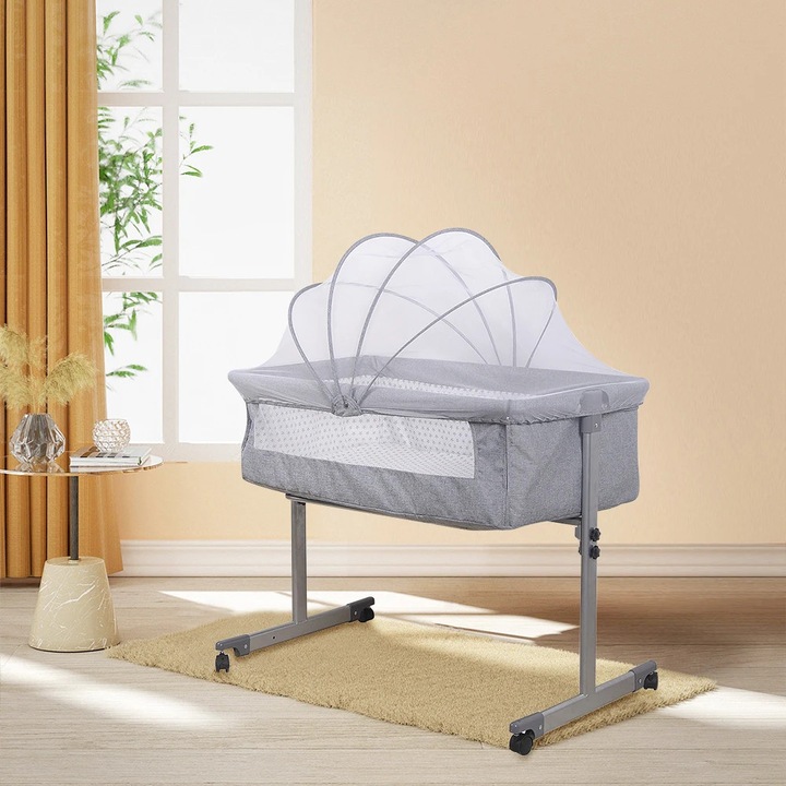 Patut co-sleeping, Patut pentru bebelusi, De la nastere, 0–1 ani, Pana la 60 kg, Cadru metalic, Gri