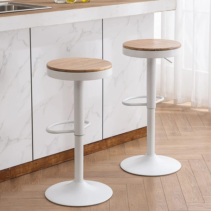 Scaun de bar, Taburet bar, Reglabil pe inaltime, Rotativ, Fara brate, Stil minimalist modern, Alb