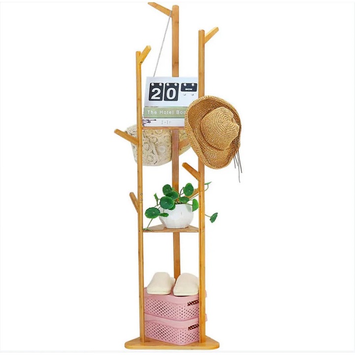 Cuier din bambus, stativ pentru haine de podea, 9 carlige, baza stabila, sarcina max. 15 kg, 160×36×36 cm, gri deschis