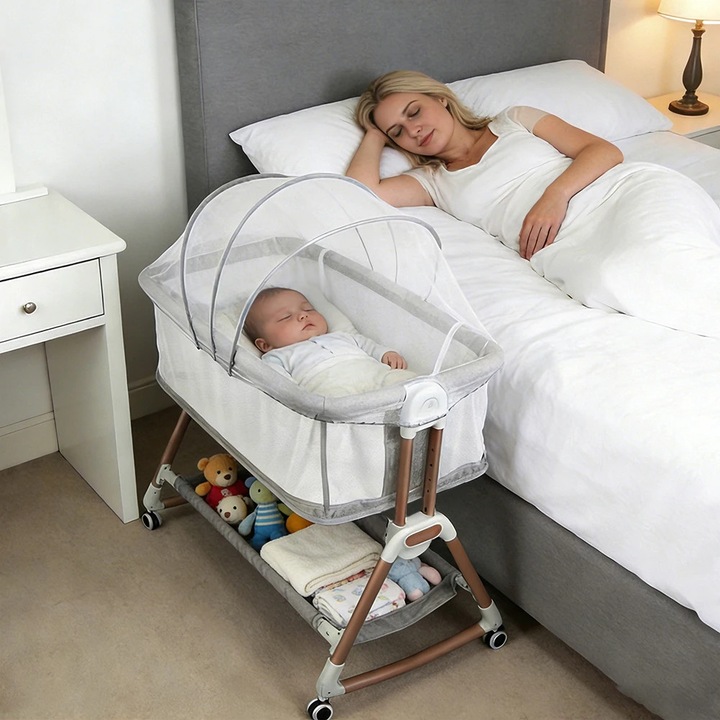 Pat pentru bebelusi & patut co-sleeping, Patut de langa pat, 6 Niveluri de Inaltime, Saltea Respirabila, Fereastra de Aerisire, Mod Leganare, Sistem Culisant, 0–12 Luni, Gri