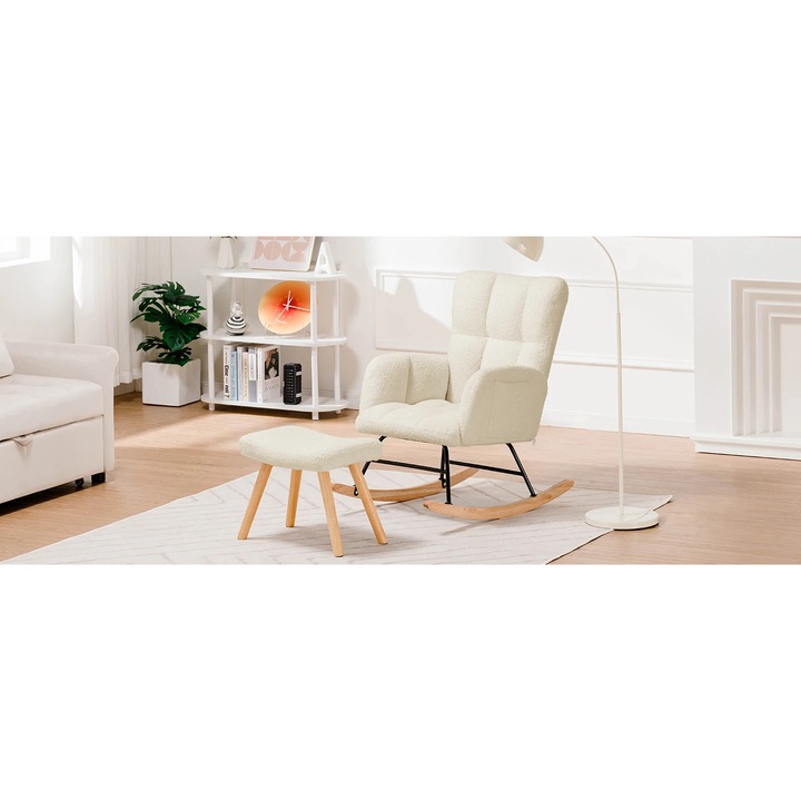 Hintaszék lábtartóval, Relax fotel, Karfás, Teherbírás 150 kg, Textil kárpit, Összeszerelést igényel, Modern design, Méretek 50×48×124 cm, Bézs