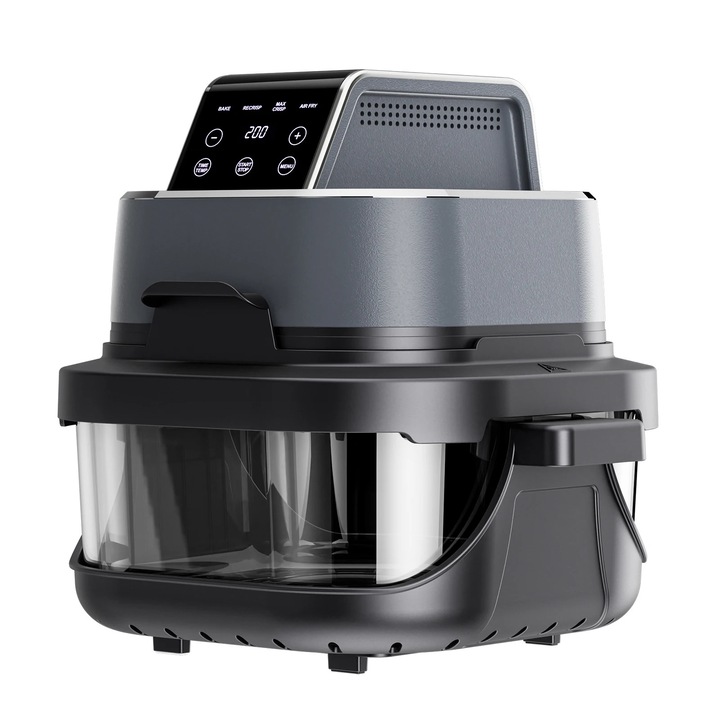 Airfryer friteuza cu aer cald, AF02, 4 l capacitate, 1500 W, fereastra de vizualizare, recipient din sticla, 220–240 V, certificat LFGB, negru