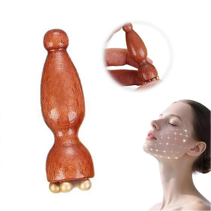 Instrument de masaj facial Gua Sha, model Lotus Seedpod, din lemn, ergonomic, portabil, bej, 1 buc