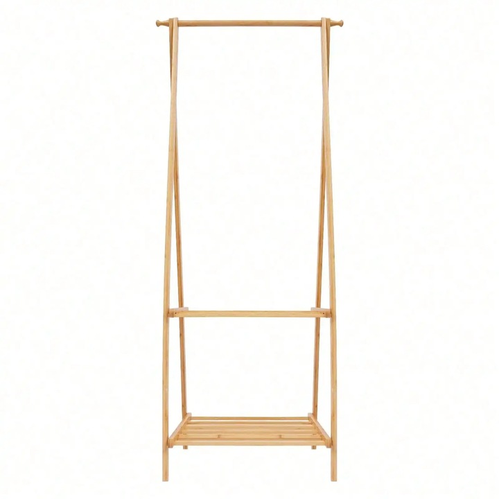 Suport haine din bambus, Stativ garderoba de podea, Pliabil, Autoportant, Inaltime 160 cm, Baza 66×40 cm, Culoare lemn natural