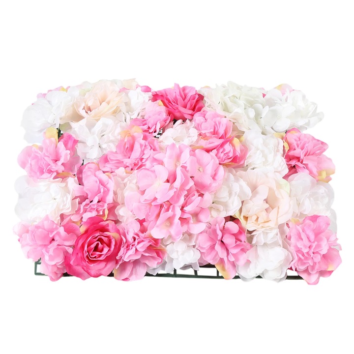 Set decor perete cu flori artificiale, Perete floral, Ecologic, Aspect realist, Cadru metalic, Cadou pentru casa noua, Roz