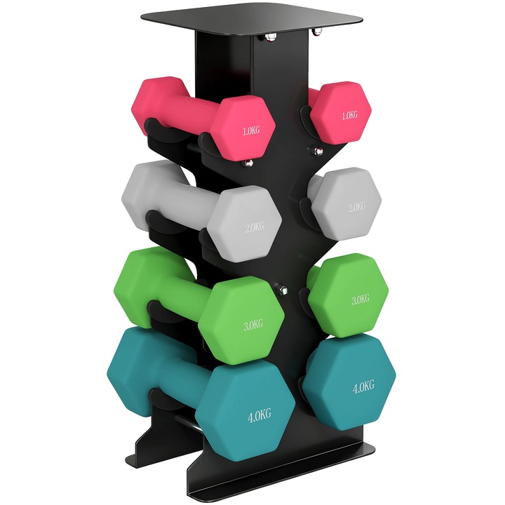Set gantere, 8 piese gantere fixe, 2×1 kg, 2×2 kg, 2×3 kg, 2×4 kg, cu suport, pentru barbati, multicolor
