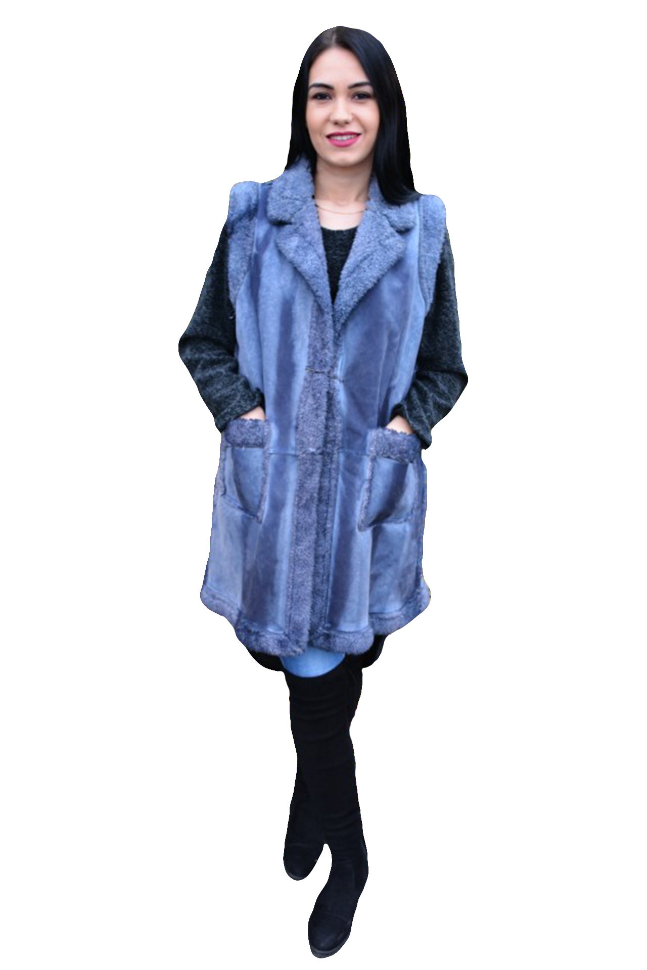 Cardigan lung tip vesta accesorizata cu brosa, D&J Exclusive, Albastru marin