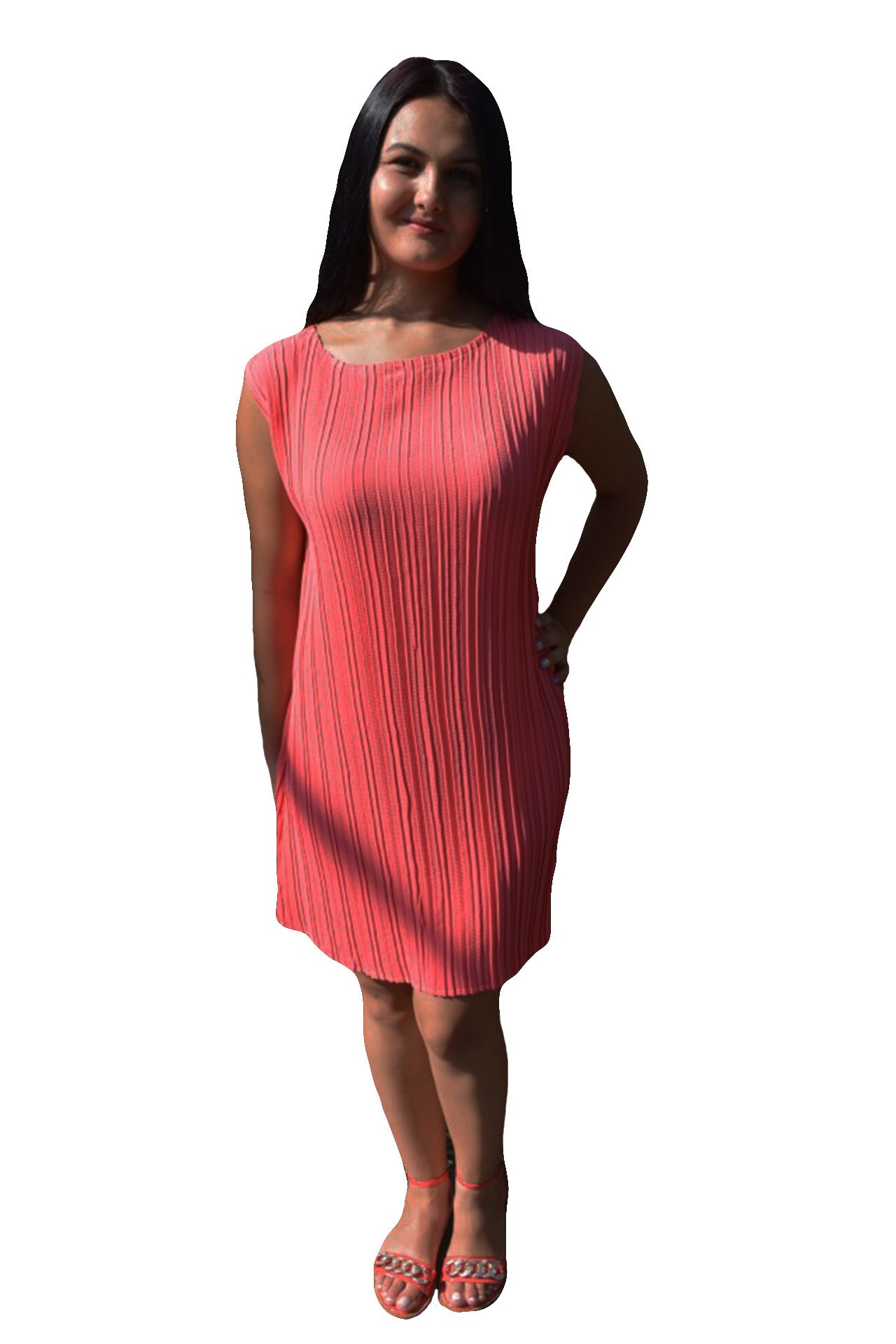 Rochie de vara, din material subtire cu pliseuri dese,masura mare,D&J Exclusive, Corai