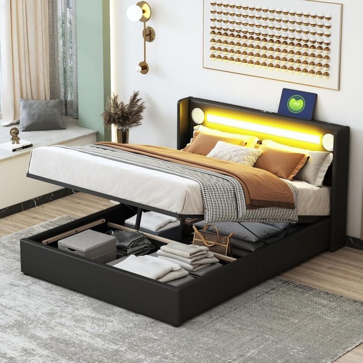 Ágy tárolóval 140x200 cm, LED, USB, bézs, vászon textil, hidraulikus