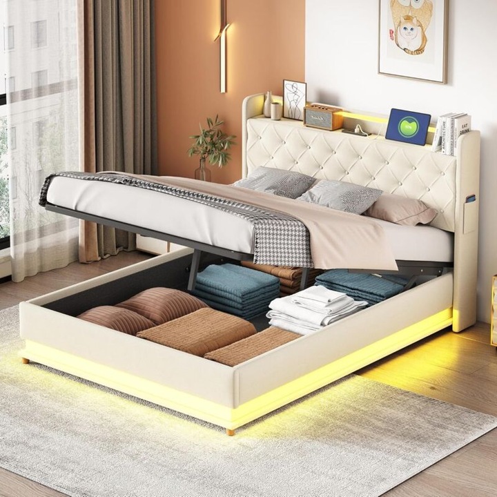 Pat depozitare 140x200 cm, bej, LED, USB, hidraulic, textil in, metal