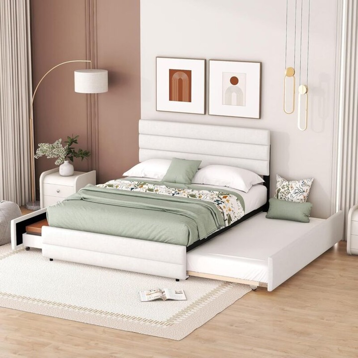 Pat extensibil, gri, 203x140x115cm, lenjerie si MDF, capacitate 250kg