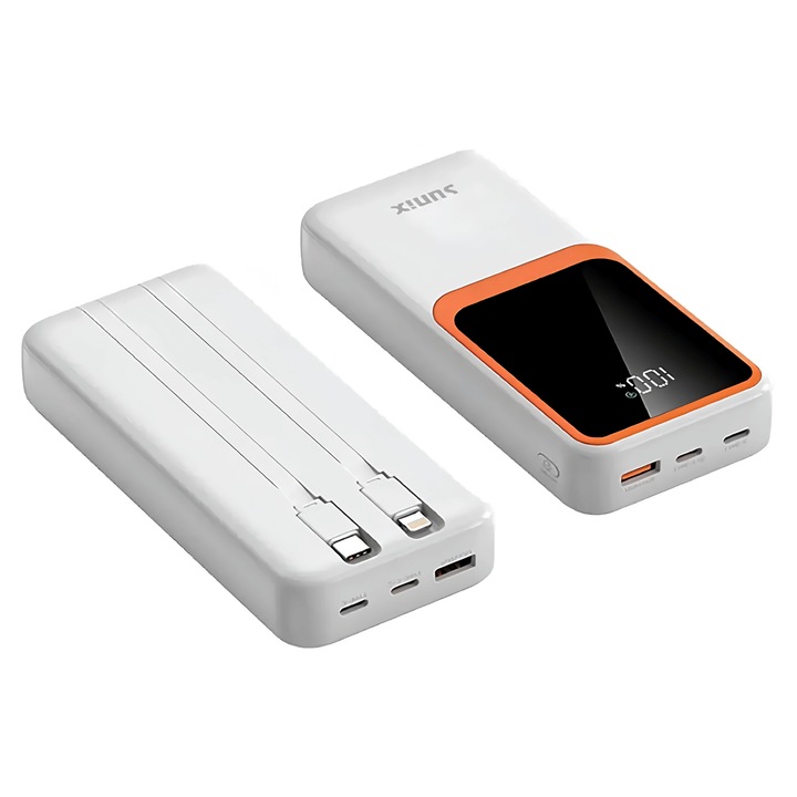 Powerbank Portabil PB-70 Sunix 20000mAh, Incarcare Rapida Smart, IC Dual, USB-A, Micro, USB Type-C, Display LED, Baterie Externa, Compatibil iOS, Android, Compact, Alb