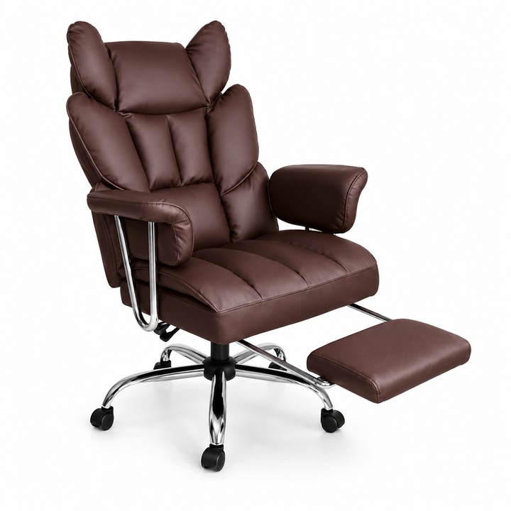 Ergonomikus Irodai és Gaming Szék Lábtartóval, Barna Műbőr, Állítható Magasság, Dönthető Háttámla, Kényelmes Kartámaszok, 150 kg Teherbírás, Modern Design