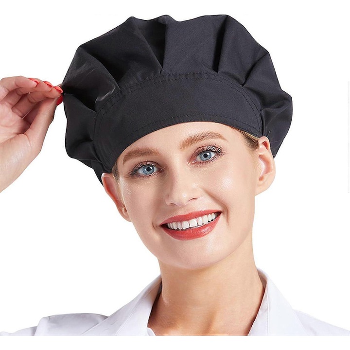 Boneta de bucatar unisex, ajustabila, cu prosop de transpiratie, neagra, poliester, set 3 bucati, Marime unica