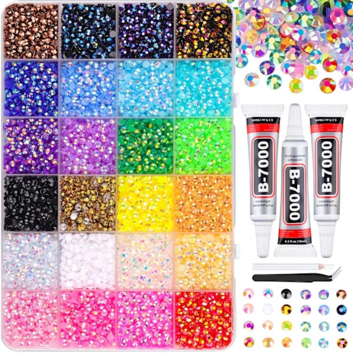 Set 24000 pietre stras 3mm multicolor, adeziv 3x10ml, penseta, instrument punctare, organizator plastic