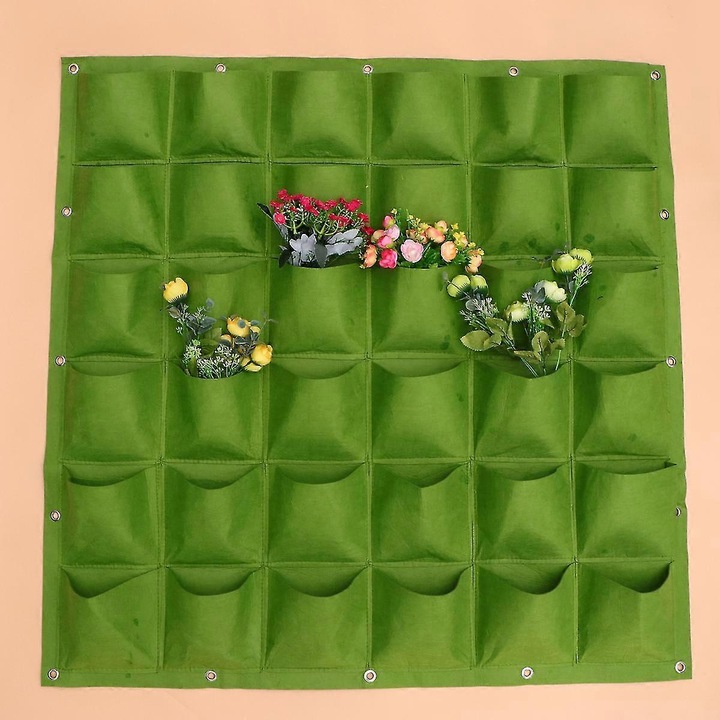 Ghiveci suspendat vertical, 12 buzunare, fetru si metal, verde, 100x100cm